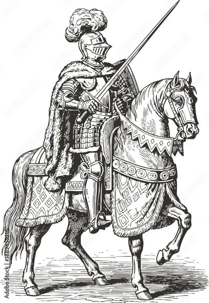 Obraz premium Medieval knight in full armor on horseback holding a lance and wearing a fur cloak