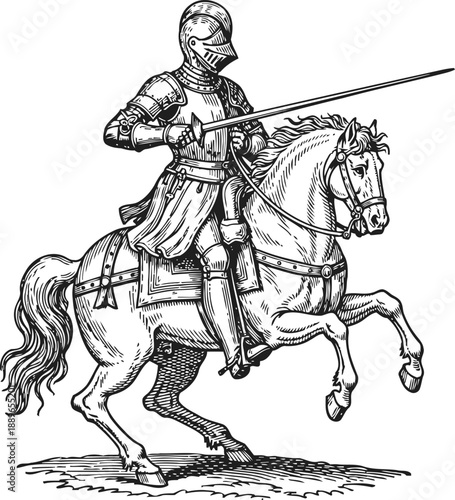 Medieval knight in full armor riding a rearing horse with lance poised for battle