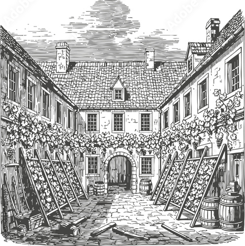 Vintage vineyard courtyard with grapevines growing on trellises between old stone buildings