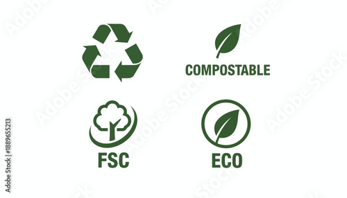 Eco friendly icons show compostable, FSC certified, and eco leaf symbols.