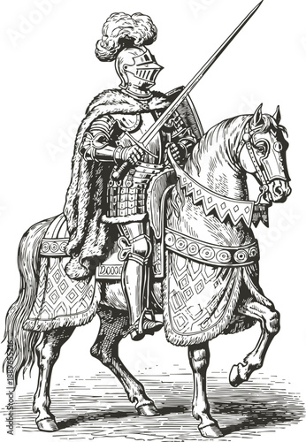 Medieval knight in full armor on horseback holding a lance and wearing a fur cloak
