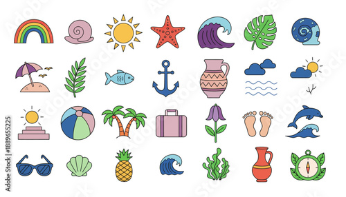 Beach icons showcase various summer objects and symbols in colorful illustrations