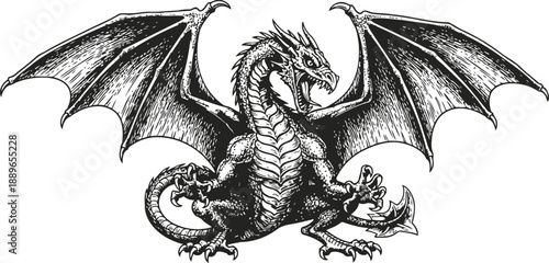 black and white detailed dragon illustration with wings spread and aggressive stance