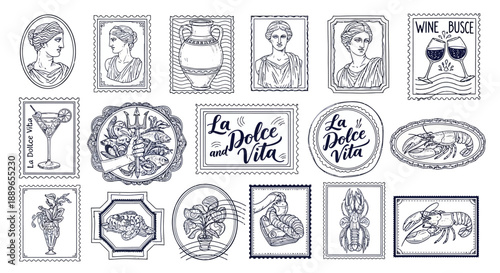 Illustrations of wine glasses, food, and people in various La Dolce Vita themed icons
