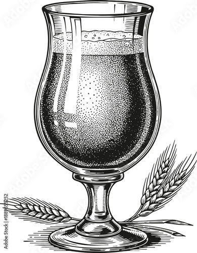 Glass of beer with foam and barley ears, vintage monochrome illustration of alcoholic drink