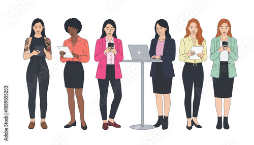 Six women stand together using phones and laptops in office