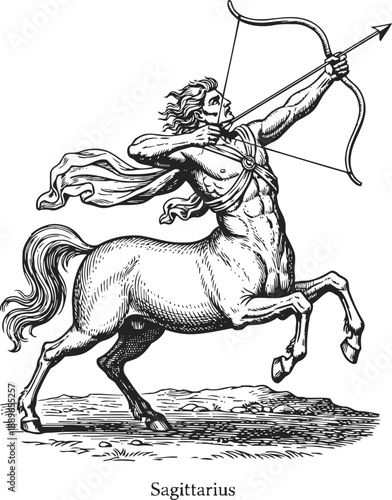 Sagittarius centaur archer drawing with bow and arrow aiming, mythological zodiac symbol illustration