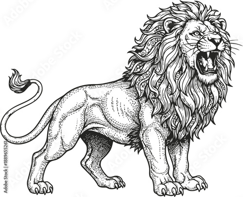 Roaring lion with detailed mane and muscular body standing in powerful pose