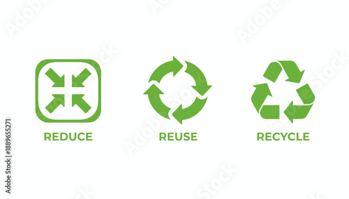 A graphic illustration of eco-friendly symbols for reduce, reuse, recycle on a clean background