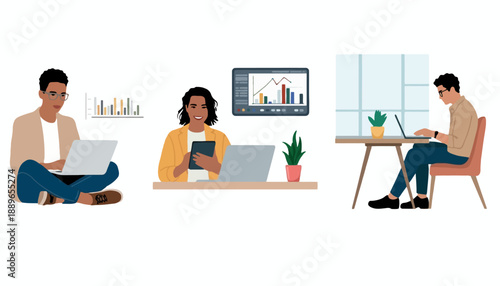 People working on laptops in an office setting with colleagues nearby