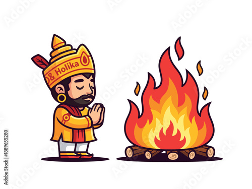 Man praying to the HOLIKA DAHAN HOLI bonfire with traditional attire and accessories performing rituals in a sacred fire ceremony illustration