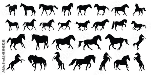 Collection of horse silhouettes in various running positions displayed