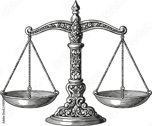 intricate vintage scales of justice balance, detailed ornamental metal craftsmanship design