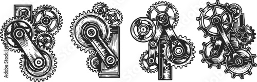 vintage mechanical gears and levers illustration set with industrial machinery details