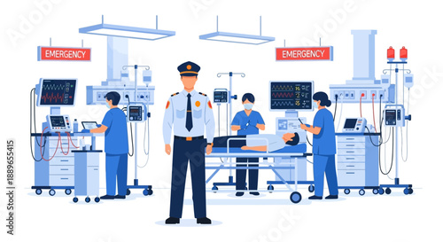 Security guard standing in front of a busy hospital emergency room.