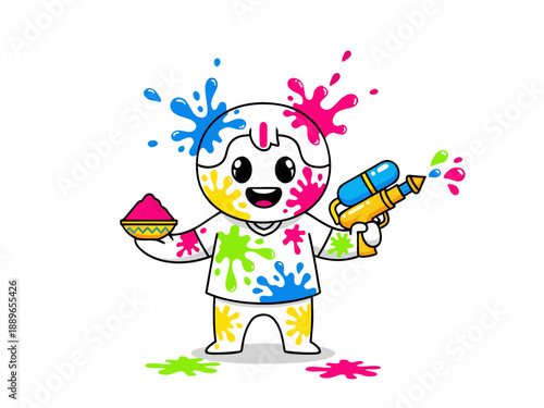 Vibrant cartoon character celebrating HOLIKA DAHAN HOLI with colorful powder and water guns amidst splatters