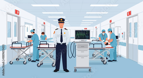 Security guard standing in hospital corridor.