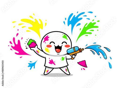 Vibrant cartoon character celebrating HOLIKA DAHAN HOLI with colorful paint splatters and water guns in a lively scene