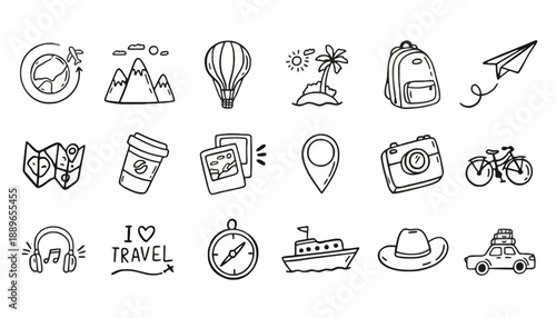 Travel icons showcase various symbols for adventure and exploration purposes