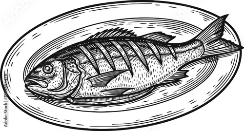 Grilled whole fish served on a round plate, detailed black and white engraving illustration