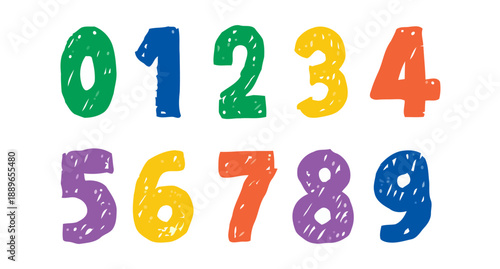 Colorful numbers 01234 and 56789 in sequence on white
