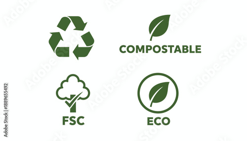 Eco friendly icons illustrate compostable and FSC certified products