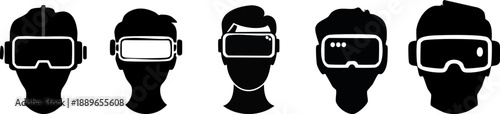 A series of stylized silhouettes depicting individuals wearing virtual reality headsets, showcasing different designs and perspectives.