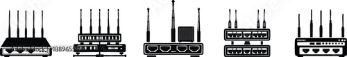 Illustration of various network routers featuring antennas, showcasing technology and connectivity in a sleek, monochromatic design.