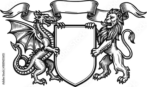 heraldic dragon and lion holding an empty shield banner vintage coat of arms design