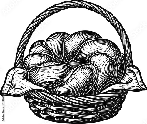 Wicker basket with braided bread loaf, rustic bakery food illustration in vintage engraved
