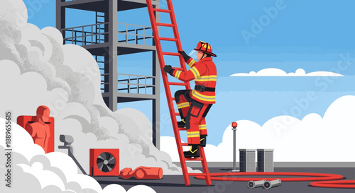 Brave Firefighter Ascends Ladder Amidst Smoke and Debris.