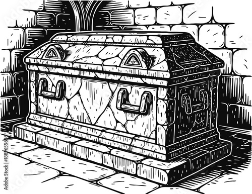 Ancient stone sarcophagus with ornate carvings inside medieval crypt or crypt chamber