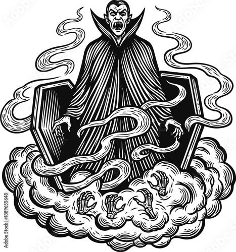 Vampire rising from coffin surrounded by eerie smoke and ghostly hands, dark gothic horror illustration