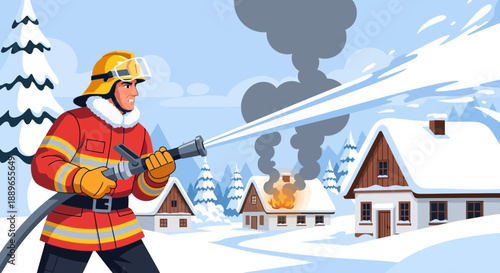 Brave Firefighter Battling Blaze with Water Hose.