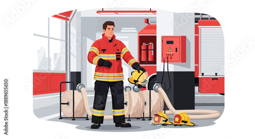 Brave Firefighter in Full Gear Holding Helmet.