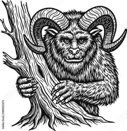 mythical creature with ram horns clinging to a tree, detailed black and white fantasy illustration