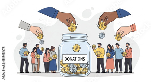 People Giving Donations To Charity Jar.