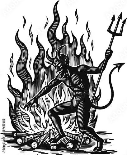 demonic figure with trident standing by blazing fire, horned devil with tail in inferno flames