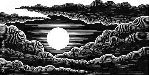 Full moon shining through dramatic clouds at night in detailed black and white engraving