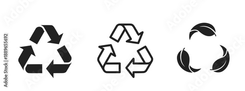 Recycling symbols arranged in a line on a white background for reuse