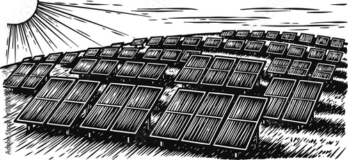 solar panels farm absorbing sunlight with sun rays shining on energy collectors in clean power generation