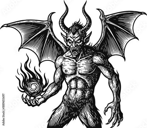 Fierce demon with horns and wings holding fireball dark mythical creature with muscular body and sharp claws