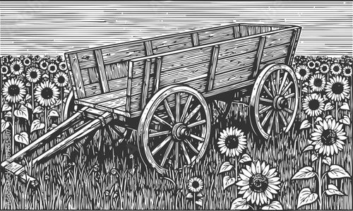 Rustic wooden wagon among sunflower field, vintage countryside farming scene
