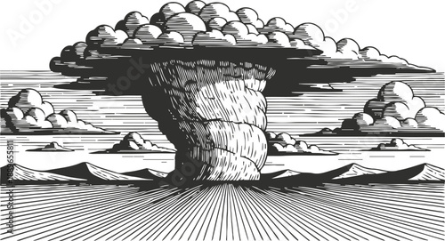 Mushroom cloud explosion black and white engraving nuclear blast and fallout disaster illustration