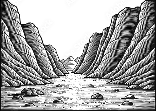 Black and white canyon landscape with steep rocky cliffs and river flowing between mountains