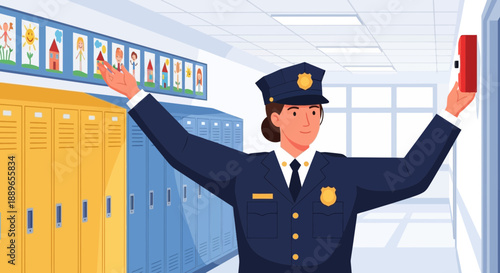 Female security guard in uniform with arms raised.