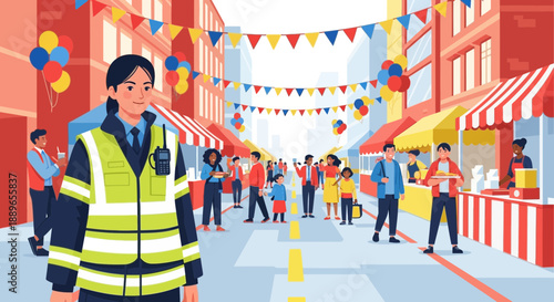 Female security guard in highvisibility vest standing confidently at an outdoor event.