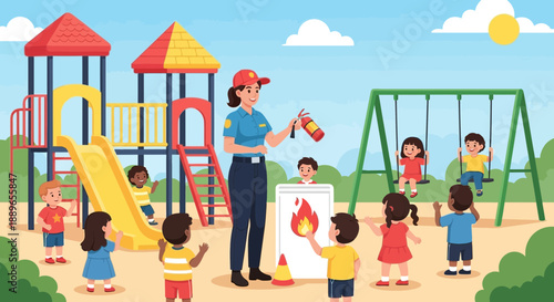 Fire safety lesson for children at playground.