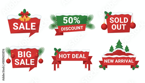 Holiday sale signs with discount labels and festive decorations