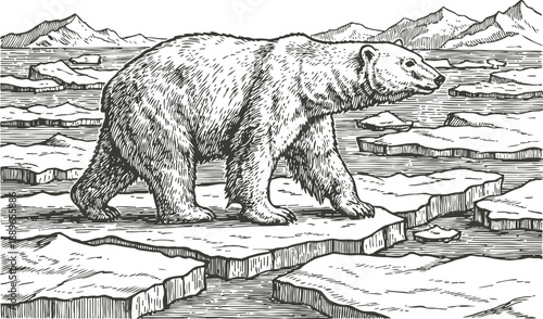 Polar bear walking on melting ice floes with mountains in the background, arctic wildlife habitat illustration